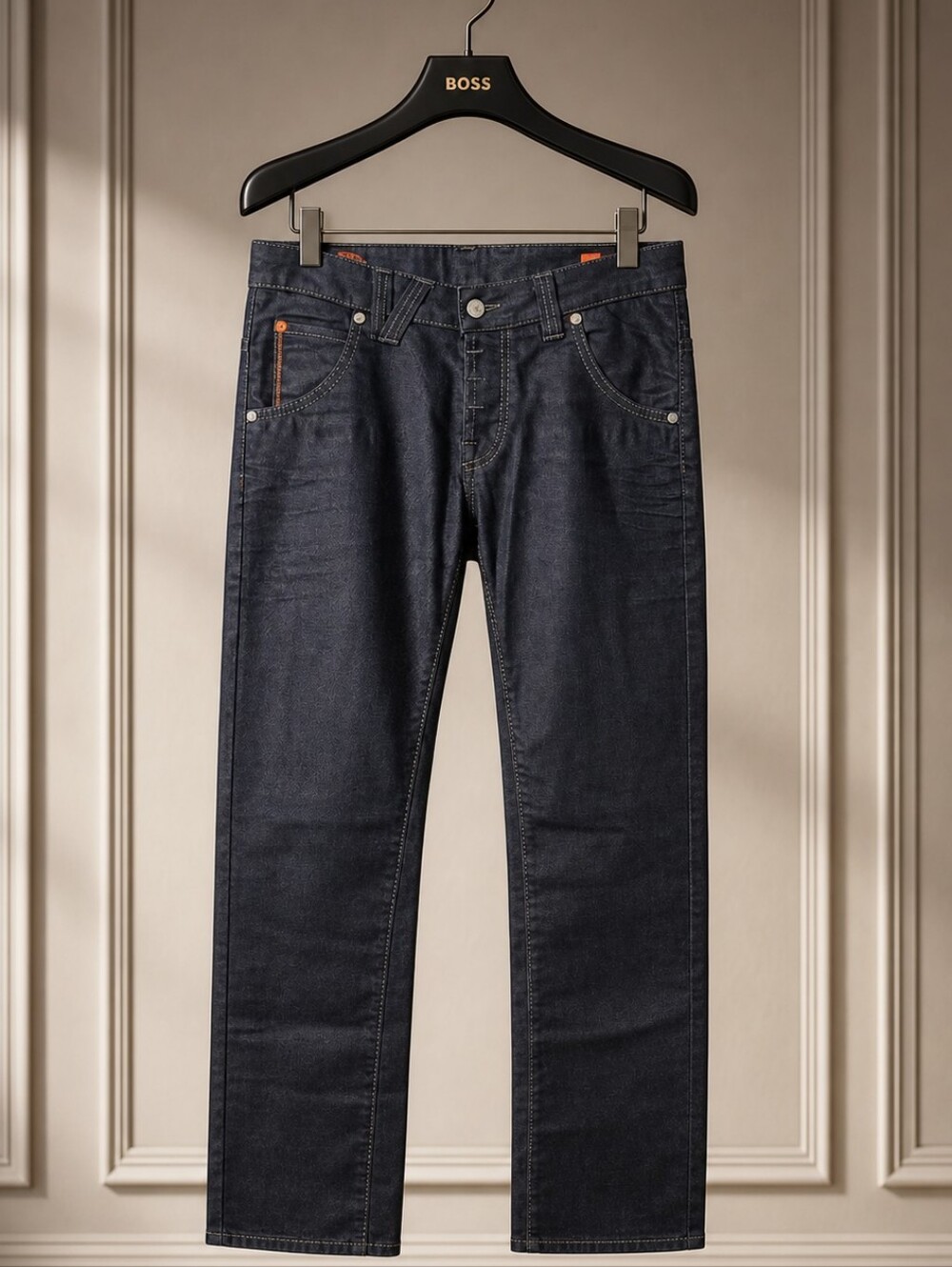 BOSS ORANGE Black Coated Straight Leg Jeans with Orange Accents